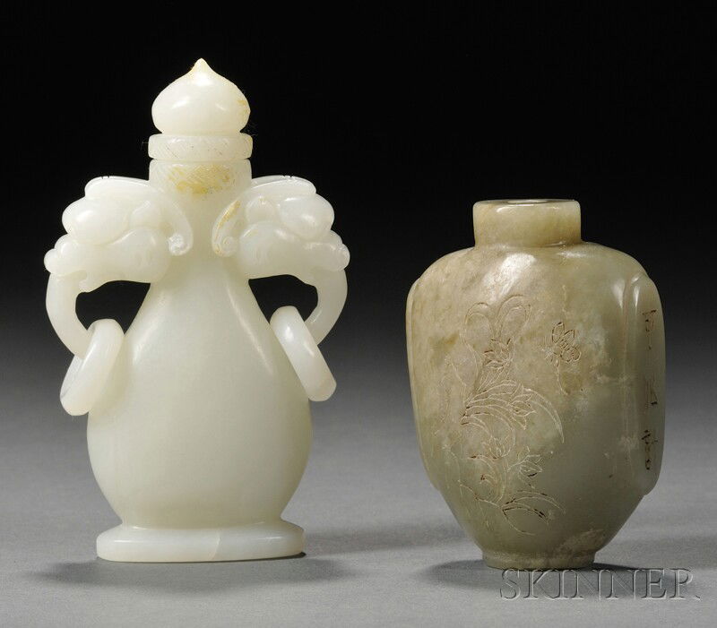 Two Jade Carvings, China, 19th/20th century, a snu: Two Jade Carvings, China, 19th/20th century, a snuff bottle incised with flowers, stone of dark celadon color with russet markings, ht. 2 3/8; and a hu shaped vase with elephant and ring lugs, stone o