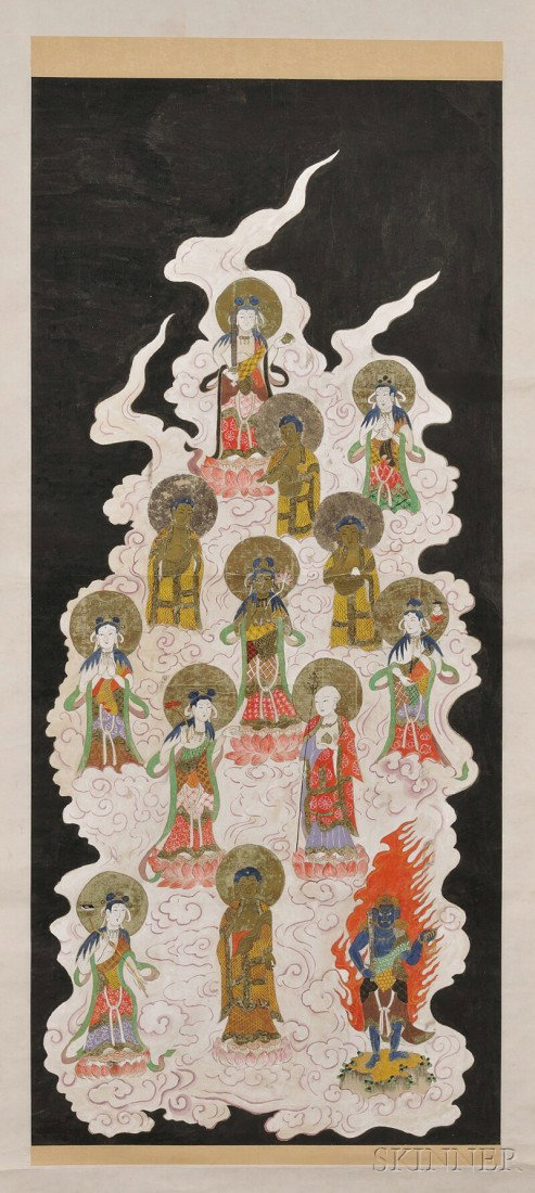 Pair of Hanging Scroll, Japan, ink and color on pa: Pair of Hanging Scroll, Japan, ink and color on paper, a Buddhist painting depicting thirteen Chinese deities, bears signature with two seals, 70 x 23 1/2 in.; the other a seated figure, 57 1/2 x 20 1