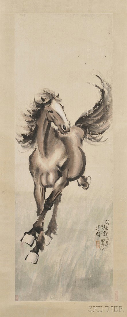 Hanging Scroll, China, ink and color on paper, in: Hanging Scroll, China, ink and color on paper, in the manner of Xu Beihong, depicting a horse, bears signature, with three seals, 95 x 21 1/4 in.