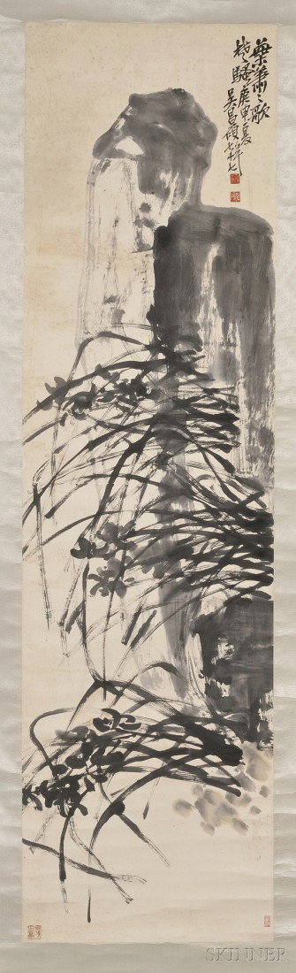 Hanging Scroll, China, ink and color on silk, attr: Hanging Scroll, China, ink and color on silk, attributed to Wu Changshuo, depicting rocks, inscribed, dated, signed, with two seals, 85 x 22 in.