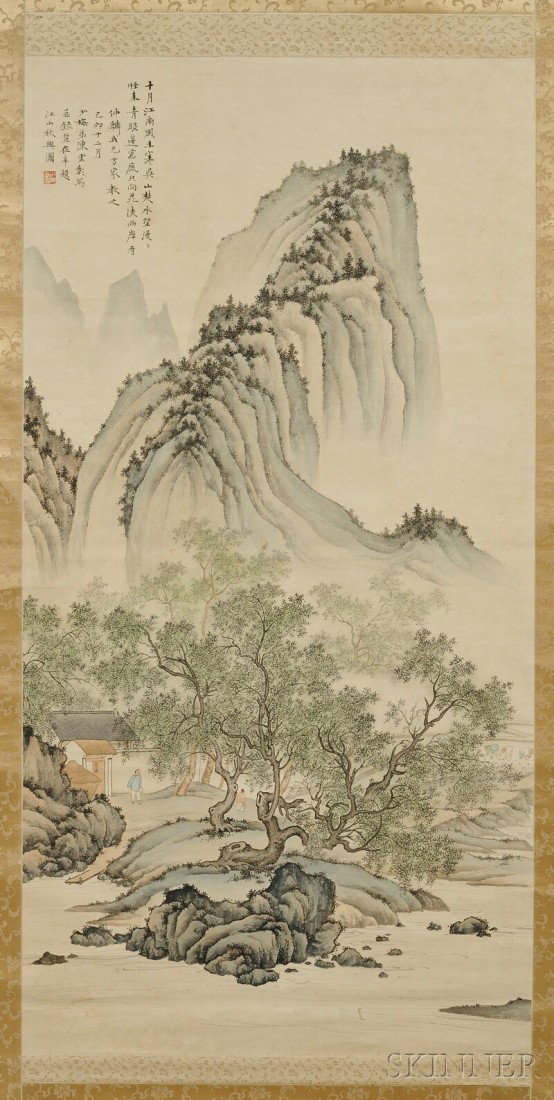 Hanging Scroll, China, ink and color on paper, att: Hanging Scroll, China, ink and color on paper, attributed to Chen Yunzhang, depicting a landscape, inscribed, with one seal, 86 x 30 1/2 in.