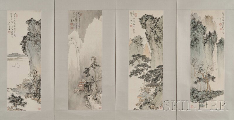 Four Loose Paintings, China, ink and colors on pap: Four Loose Paintings, China, ink and colors on paper, in the manner of Pu Xin Ru, depicting landscapes with boats, inscribed, bears signature, with three seals, 25 x 8 1/2 in.