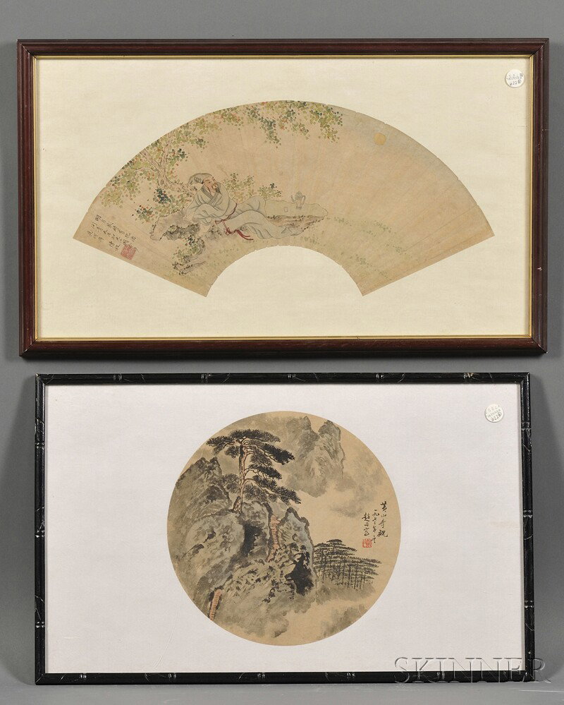 Two Fan Paintings, China, ink and color on paper,: Two Fan Paintings, China, ink and color on paper, one in the manner of Chen Mei, depicting a landscape with a man, inscribed, bears signature, with one seal, 20 x 8 in., framed and glazed, one in the 