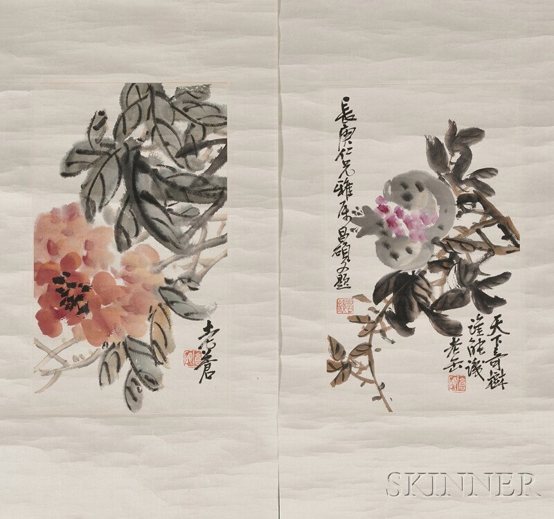 Pair of Loose Scrolls, China, ink and color on pap: Pair of Loose Scrolls, China, ink and color on paper, signed Wu Changshuo, depicting branches, inscribed, with two seals, 14 x 9 in.