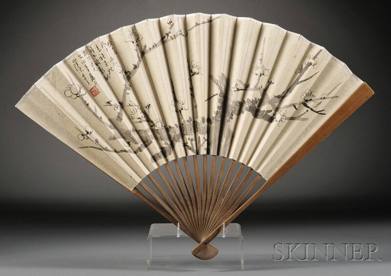 Fan Painting, China, ink and colors on paper, depi: Fan Painting, China, ink and colors on paper, depicting plum flowers, inscribed with calligraphy on one side, signed Chen Heqian, with one seal, a calligraphy poem on the other side, with one seal , s