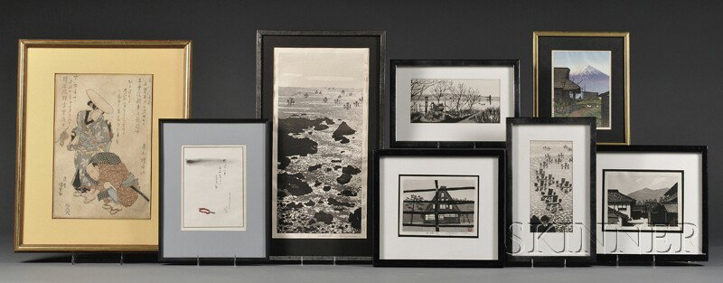 Eight Japanese Woodblock Prints, Japan, 20th centu: Eight Japanese Woodblock Prints, Japan, 20th century, mostly modern, ink on paper, artists including Tsuchiya Koitsu; Gihachiro Okuyama; and Misao Koga, depicting landscapes and figures, five black an