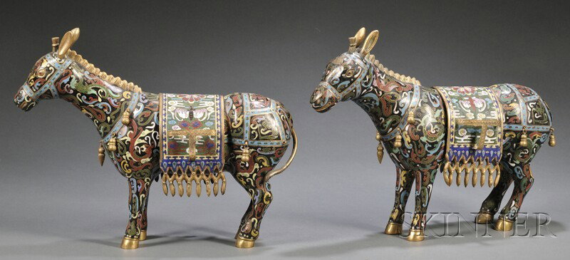 Pair of Cloisonne Horses, China, 20th century, sta: Pair of Cloisonne Horses, China, 20th century, standing caparisoned horses decorated with scrolling clouds, bats, and chilong dragons, ht. 9 in.