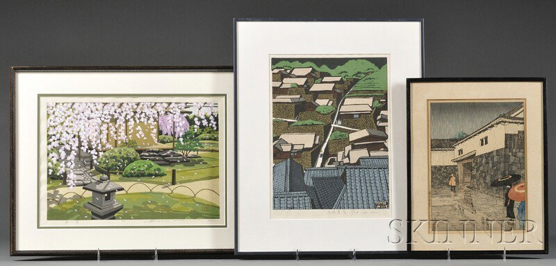 Three Woodblock Prints, Japan, 20th century, ink a: Three Woodblock Prints, Japan, 20th century, ink and color on paper, depicting houses and a park, signed Kawase Hasui, Mitsuhiro Unno, or Masao Ida, each with one seal, 8 1/2 x 11, 10 x 12 1/2, 10 x 1