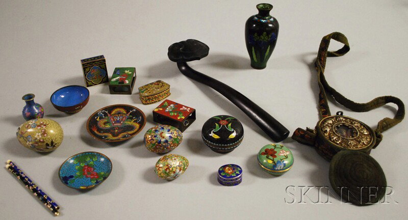 Group of Asian Cloisonne, Ruyi Scepter, and a Deit: Group of Asian Cloisonne, Ruyi Scepter, and a Deity Pendant, seventeen small enameled cloisonne items: two vases, three dishes, four covered boxes, three eggs, three match boxes; and two others, toget