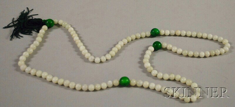 Jade Bead Necklace, with silk tassel and green woo: Jade Bead Necklace, with silk tassel and green wood accent beads, jade beads dia. 1.00 mm, necklace lg. 44 in.
