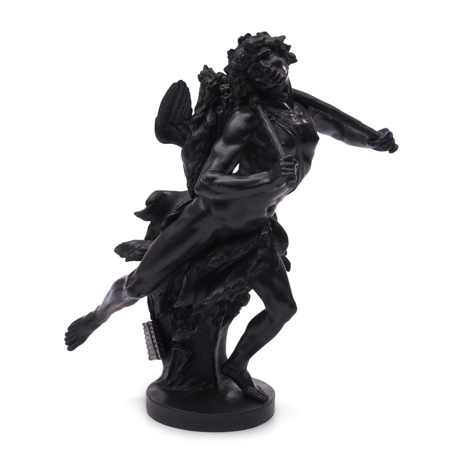 Wedgwood Black Basalt Figure of Faun, England, 19th century,: Wedgwood Black Basalt Figure of Faun, England, 19th century, after Clodion, the standing figure modeled supporting bunches of grapes and dead fowl to his back, impressed title and mark, ht. 15 1/4 in.