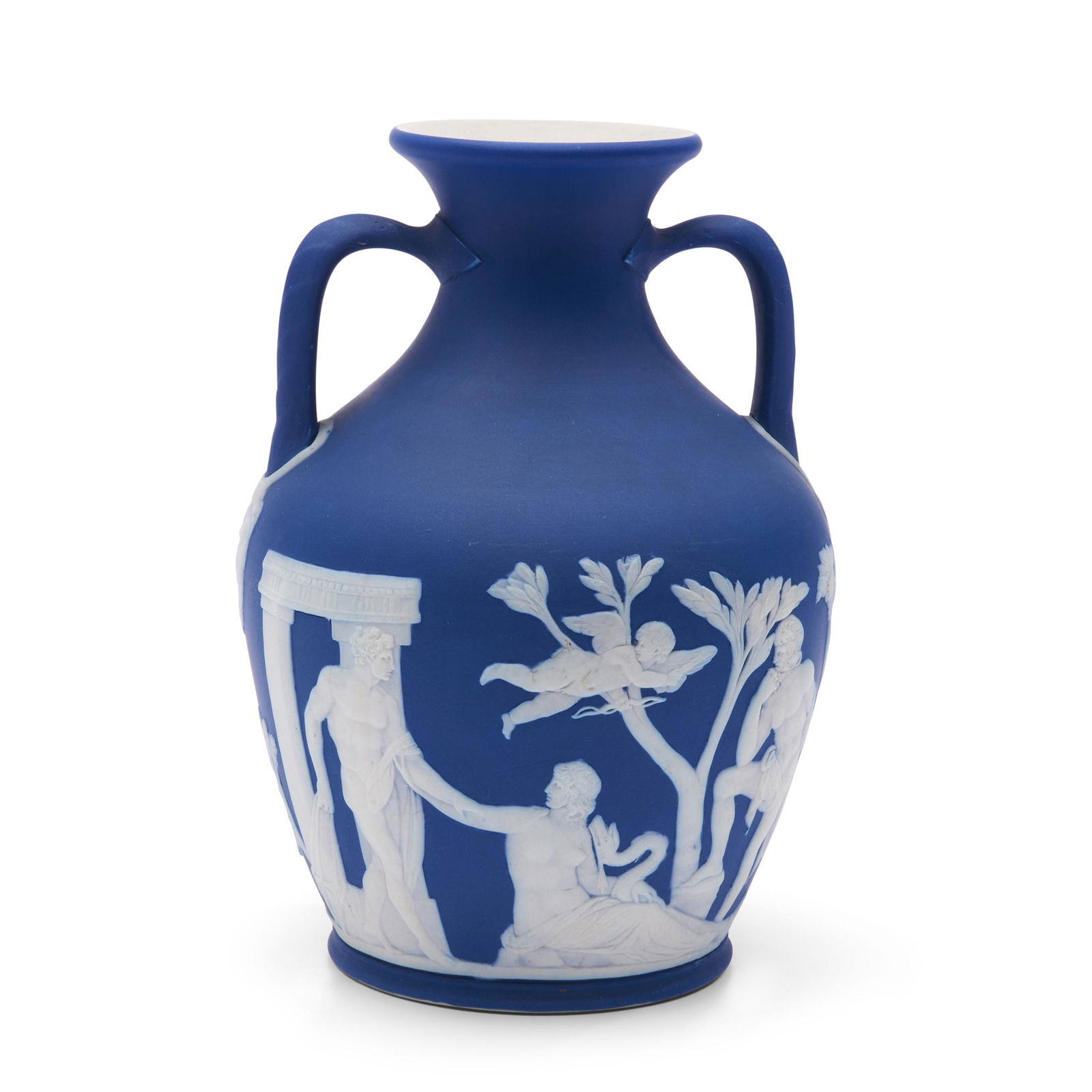 Wedgwood Dark Blue Jasper Dip Portland Vase, England, c. 1900,: Wedgwood Dark Blue Jasper Dip Portland Vase, England, c. 1900, applied white classical figures in relief, impressed mark, ht. 8 1/4 in.