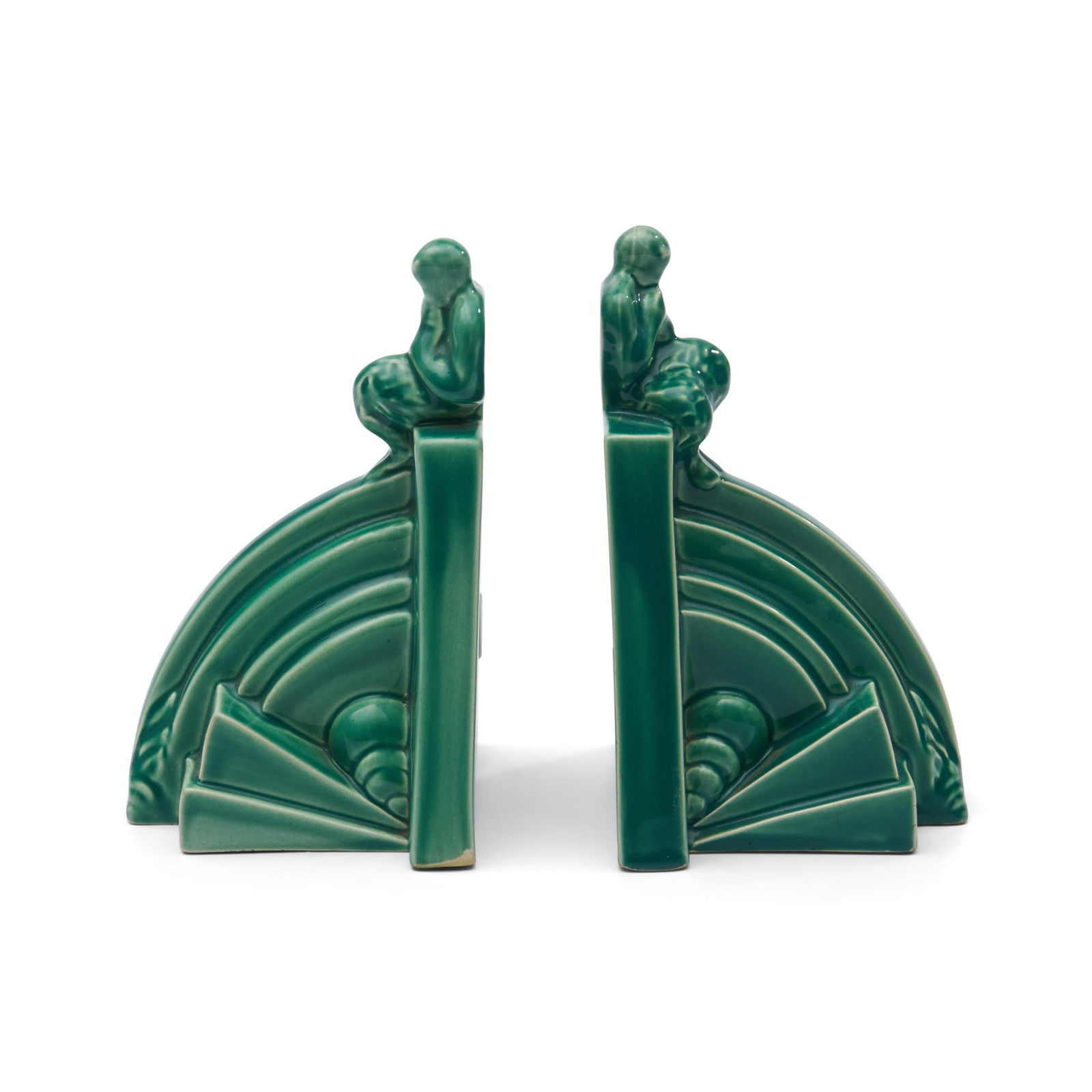 Pair of Wedgwood Erling Olsen Green-glazed 'Pan' Bookends, England, c. 1933, (1 of 3)