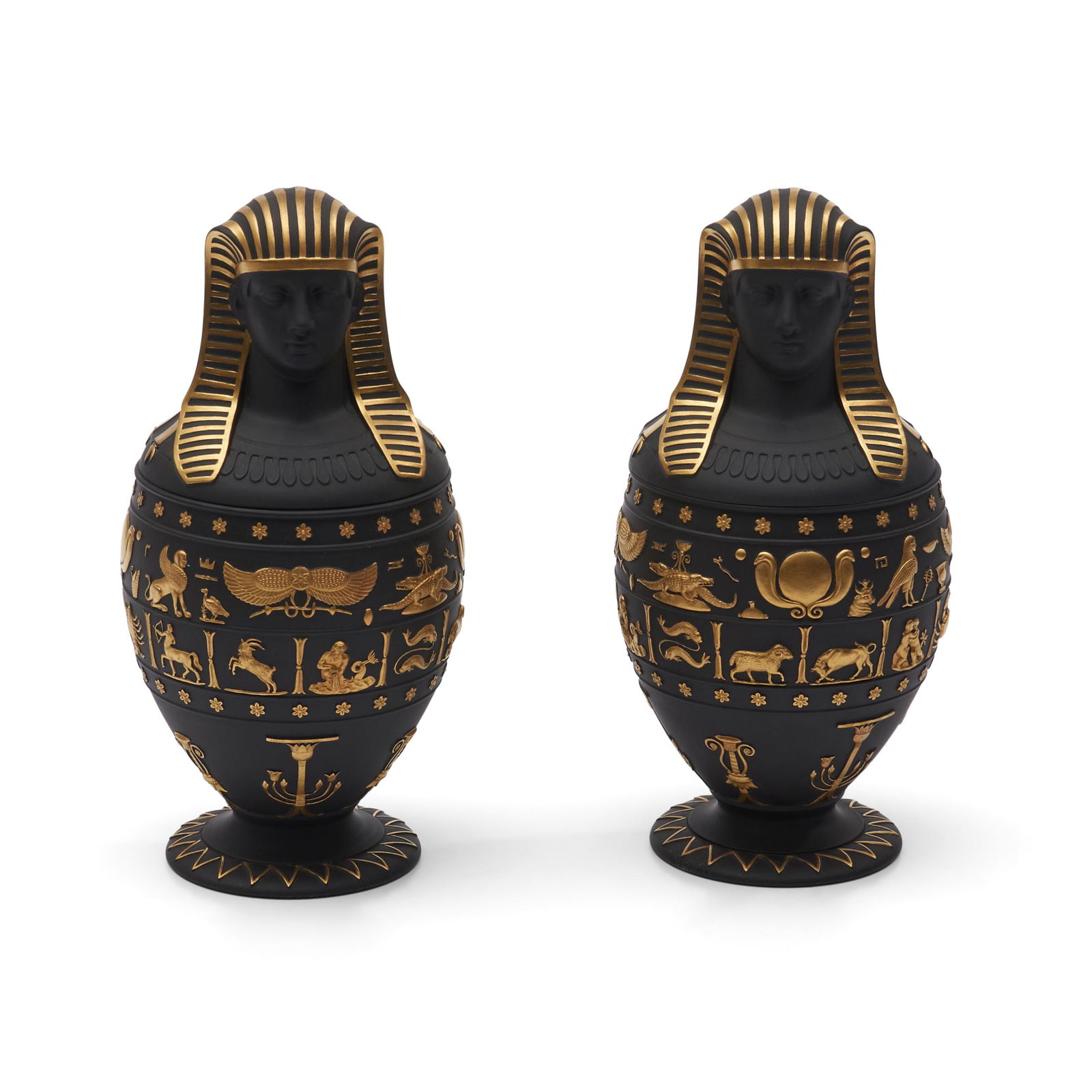 Pair of Wedgwood Gilded Black Basalt Canopic Jars, England, 1978, (1 of 2)