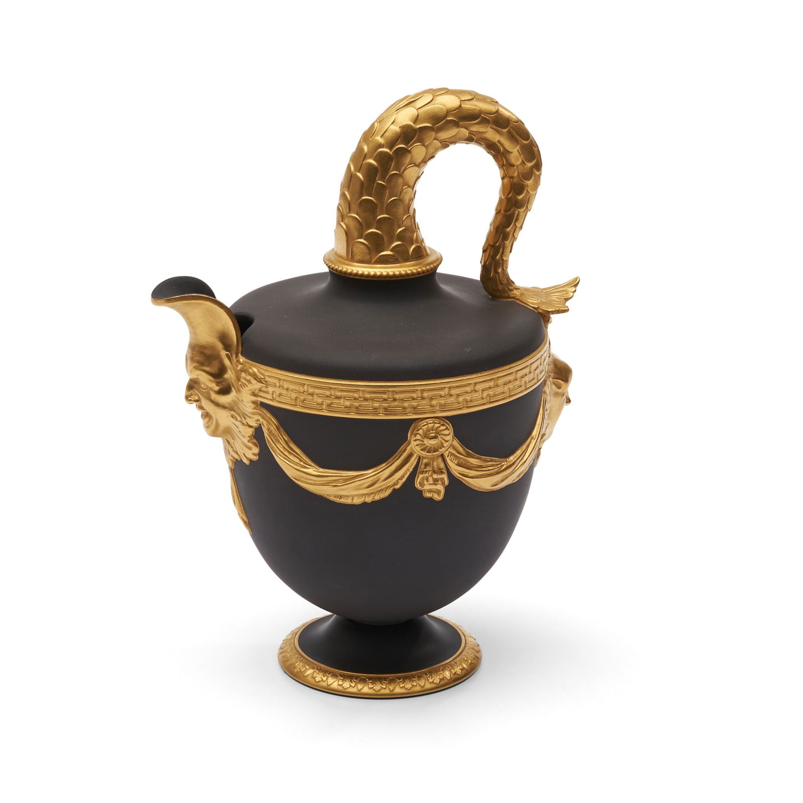 Wedgwood Modern Gilded Black Basalt Fish Tail Vase, England, 1986,: Wedgwood Modern Gilded Black Basalt Fish Tail Vase, England, 1986, modeled after the engraving by Jacques Stella (1596-1657), urn shape with drapery swags terminating at masks below spout and handle,