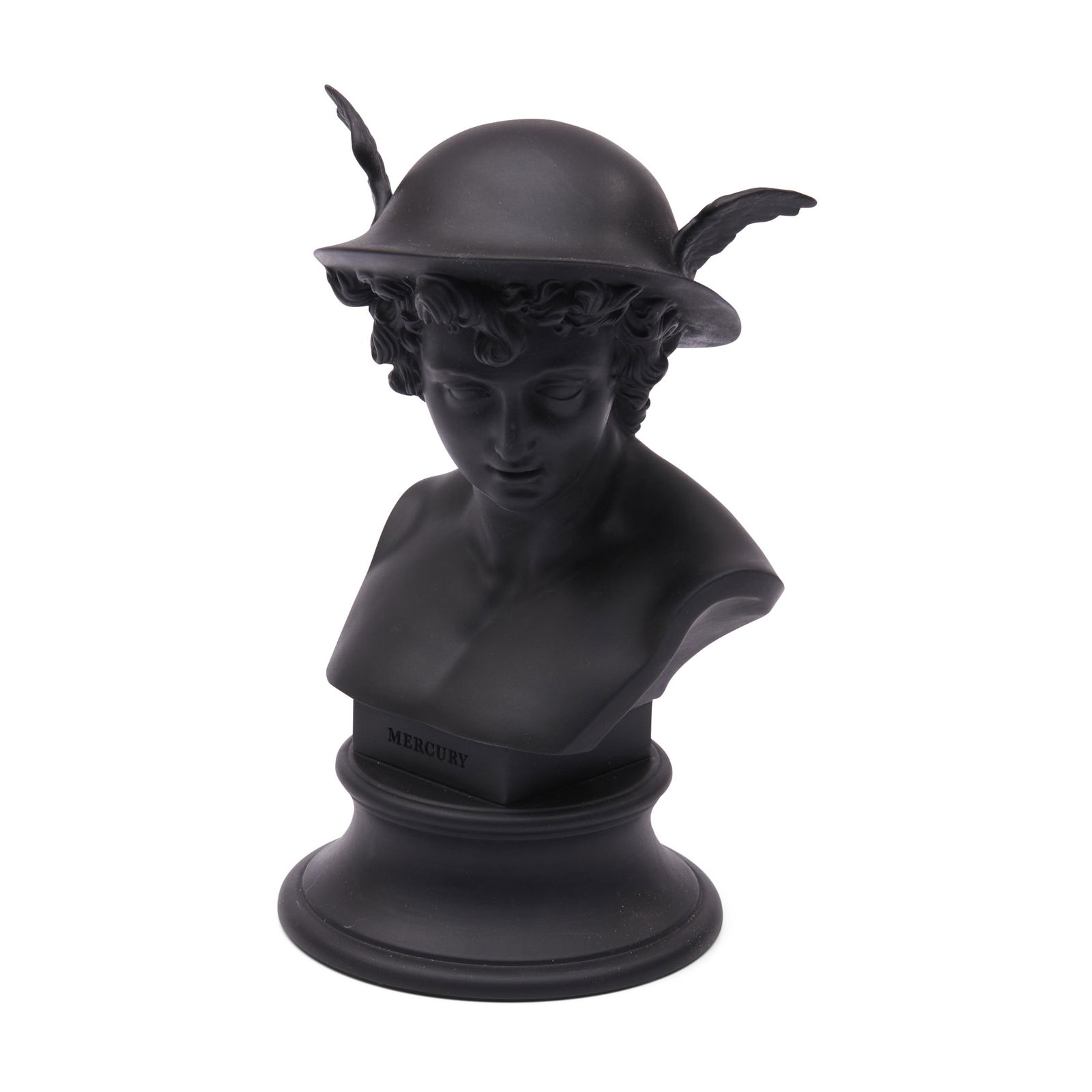 Wedgwood Modern Black Basalt Bust of Mercury, England, early 21st century,: Wedgwood Modern Black Basalt Bust of Mercury, England, early 21st century, mounted atop a waisted socle, impressed title and Wedgwood & Bentley, ht. 9 7/8 in.
