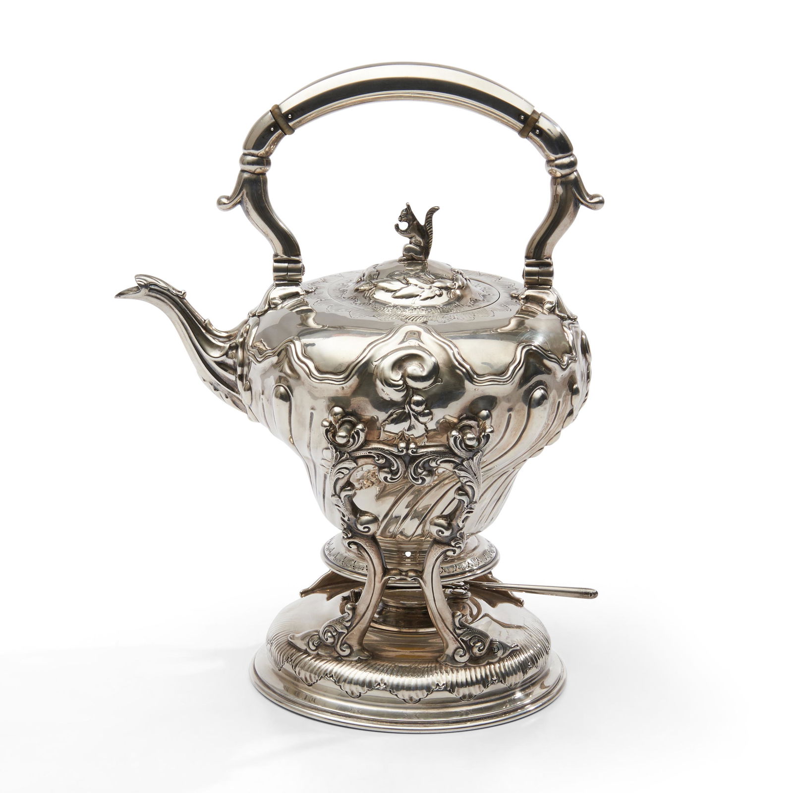 Howard & Co. Sterling Silver Kettle-on-stand, New York, c. 1905, squirrel finial atop floral scr... (1 of 3)