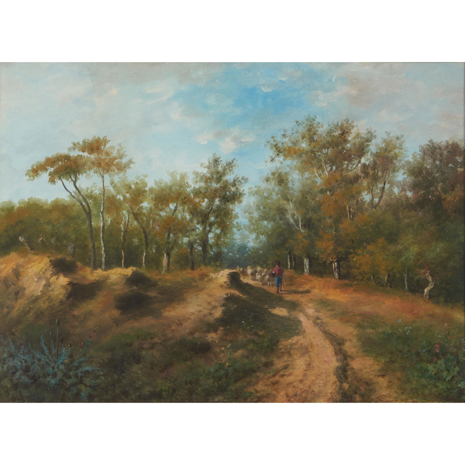 Paul Pascal (French, 1832-1903): Paul Pascal (French, 1832-1903) Herding Sheep Along a Country Path signed and dated 'P. Pascal 1879' (lower left) gouache on paper/board sight size 17 x 23 1/4 in. (43.0 x 59.0 cm) framed 36 1/2 x 31