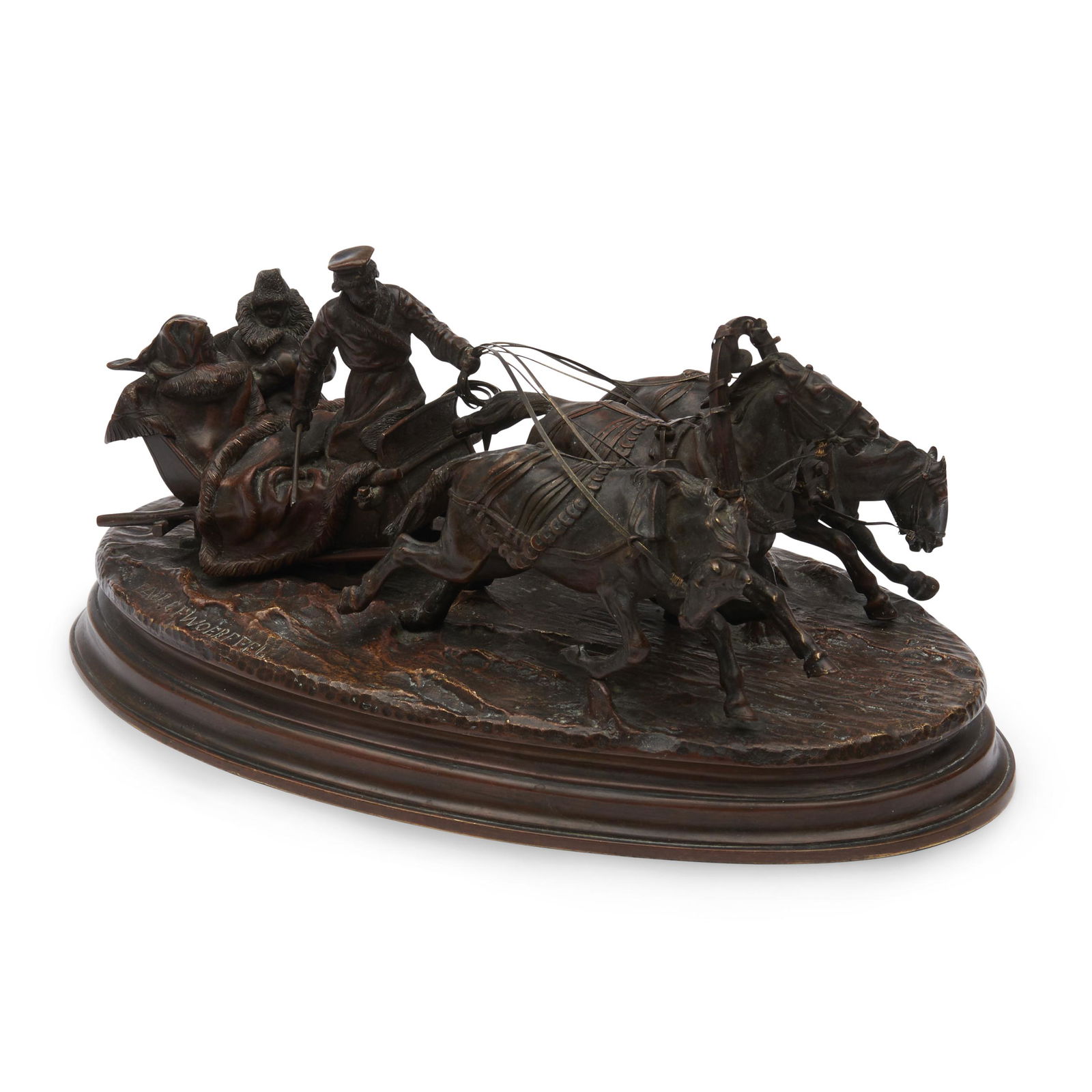 Russian Bronze Troika,: Russian Bronze Troika, late 19th/early 20th century, cast by Woerffel from a model by Vasiliy Grachev, set on an oval base, signed in Cyrillic and with foundry mark, ht. 4 1/2 in.
