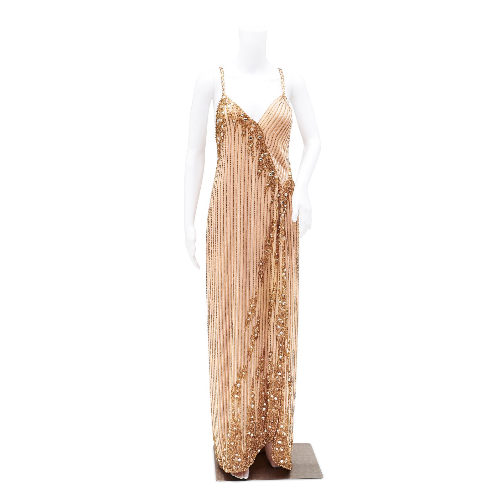 Bob Mackie Beaded Chiffon Evening Ensemble,: Bob Mackie Beaded Chiffon Evening Ensemble, circa 1980s, comprising a cocoon coat trimmed with fox; and slip dress of nude chiffon, worked with gold bugle beads and square brilliants, size 10.