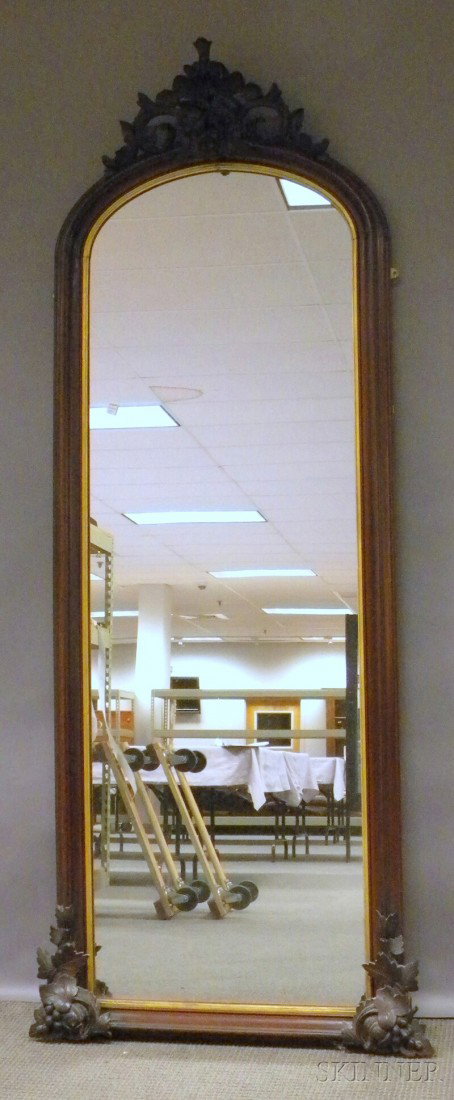 Victorian Carved Walnut Pier Mirror, ht. 84, wd.: Victorian Carved Walnut Pier Mirror, mirror glass appears original, (crest broken off and reattached, small losses at base corner carvings), ht. 84, wd. 33 1/4 in.
