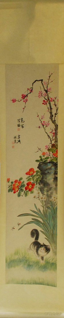 Chinese Ink and Watercolor on Paper Hanging Scrol: Chinese Ink and Watercolor on Paper Hanging Scroll Depicting Flowers and a Kitten, Wang Xue Tao, 20th century, image lg. 53 1/2 in.