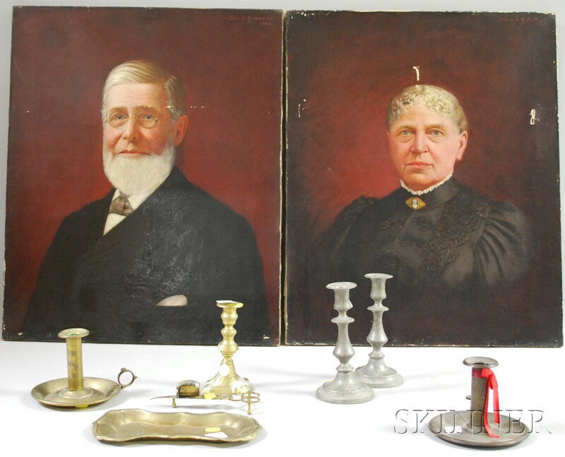Seven Assorted Metal Lighting Related Items and T: Seven Assorted Metal Lighting Related Items and Two 19th Century American School Oil on Canvas Portraits, a pair of pewter candlesticks, a tin candlestick, brass wick scissors, tray, chamberstick, and
