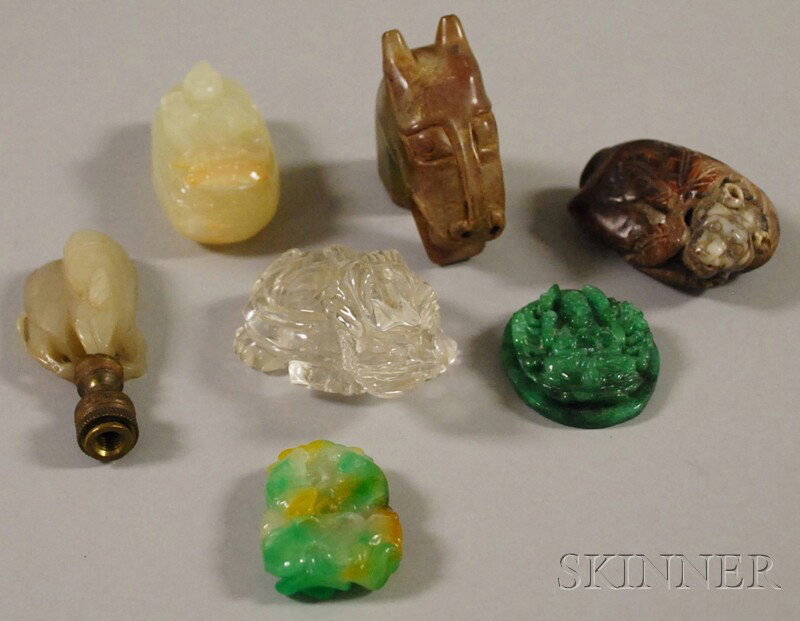 Seven Asian Carved Stone Figural Items, including: Seven Asian Carved Stone Figural Items, including two soapstone, a rock crystal, and four jade and hardstone.