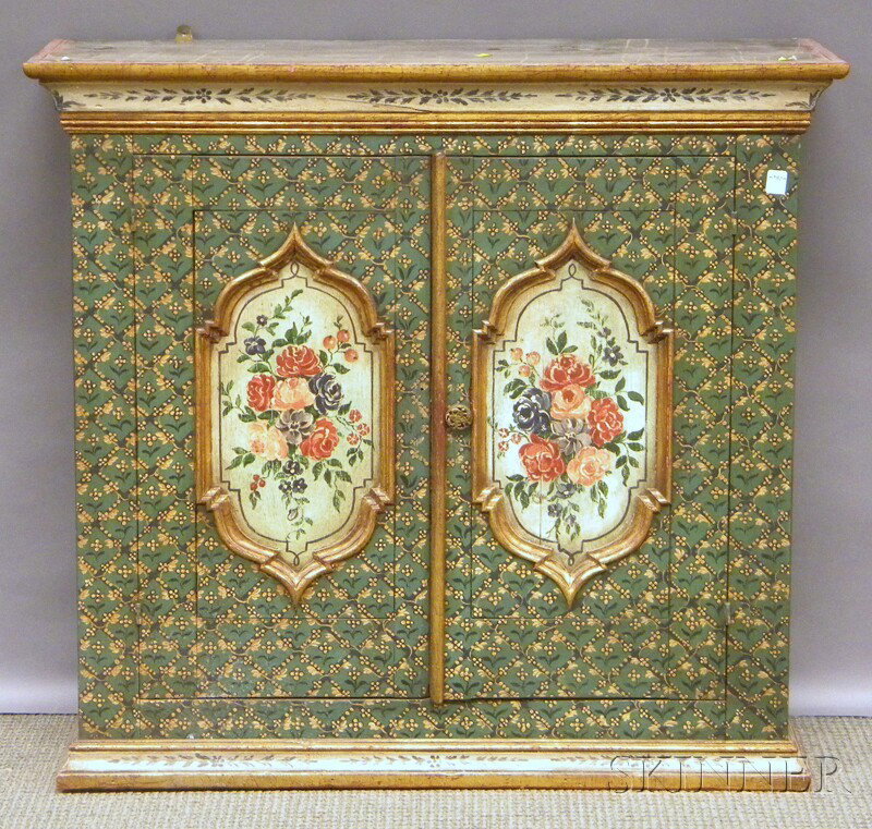 Provincial Polychrome Paint-decorated Wood Two-do: Provincial Polychrome Paint-decorated Wood Two-door Wall Cabinet, with fitted interior, ht. 34 1/2, wd. 37, dp. 13 3/4 in.