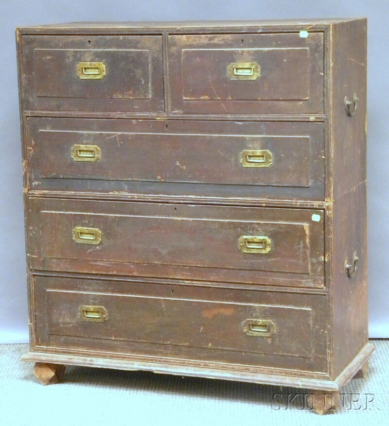 British Colonial Brass-mounted Hardwood Dovetail-: British Colonial Brass-mounted Hardwood Dovetail-constructed Two-part Five-drawer Campaign Chest, with four brass side handles, faceted feet, (scattered and varying wear, scratches, finish loss, top s