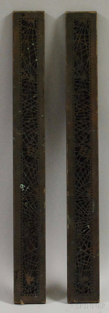 Pair of Tiffany Studios Bronze Pine Needle Patter: Pair of Tiffany Studios Bronze Pine Needle Pattern Desk Blotter Ends, impressed marks and "999," lg. 19 1/8, wd. 2 1/8 in.