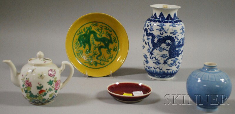 Five Assorted Chinese Porcelain Items, a blue and: Five Assorted Chinese Porcelain Items, a blue and white decorated vase, a small sang de boeuf glazed dish, a pale blue glazed globular vase, a dragon-decorated dish, and a small teapot, vase ht. to 7 