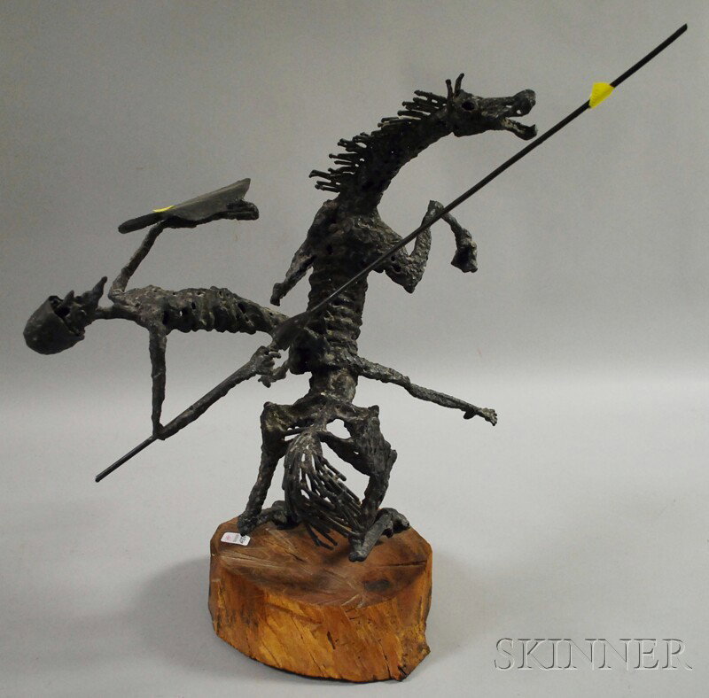 Modern Metal Don Quixote and Horse Sculpture, wit: Modern Metal Don Quixote and Horse Sculpture, with wood base, unsigned, ht. 22 in.