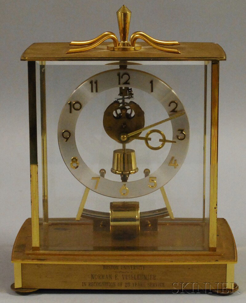Kundo Electronic Brass and Glass Clock, Germany,: Kundo Electronic Brass and Glass Clock, Germany, aluminum chapter ring with Arabic numerals, beveled front glass, battery-powered, ht. 9 1/2 in.