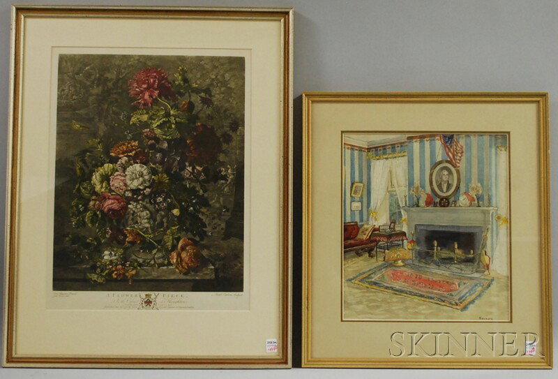 Two Framed Works, a 20th century American school: Two Framed Works, a 20th century American school watercolor on paper depicting an interior parlor view, signed "Robinson" l.r.; and a hand-colored print A Flower Piece, after John Boydell.