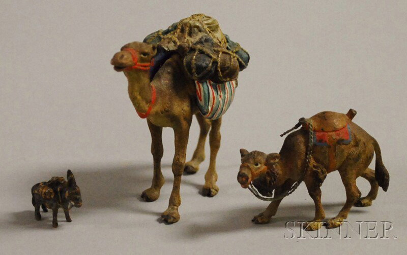Three Miniature Cold-painted Bronze Figures, two: Three Miniature Cold-painted Bronze Figures, two camels and a pack mule, ht. 5/8 to 2 in.