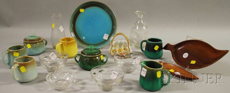 Group of Miscellaneous Items, a Rudolstadt porcel: Group of Miscellaneous Items, a Rudolstadt porcelain basket, eight pieces of Hoffman modern glazed pottery tableware, two modern carved wood leaf-form dishes, and a four colorless pressed glass bowls