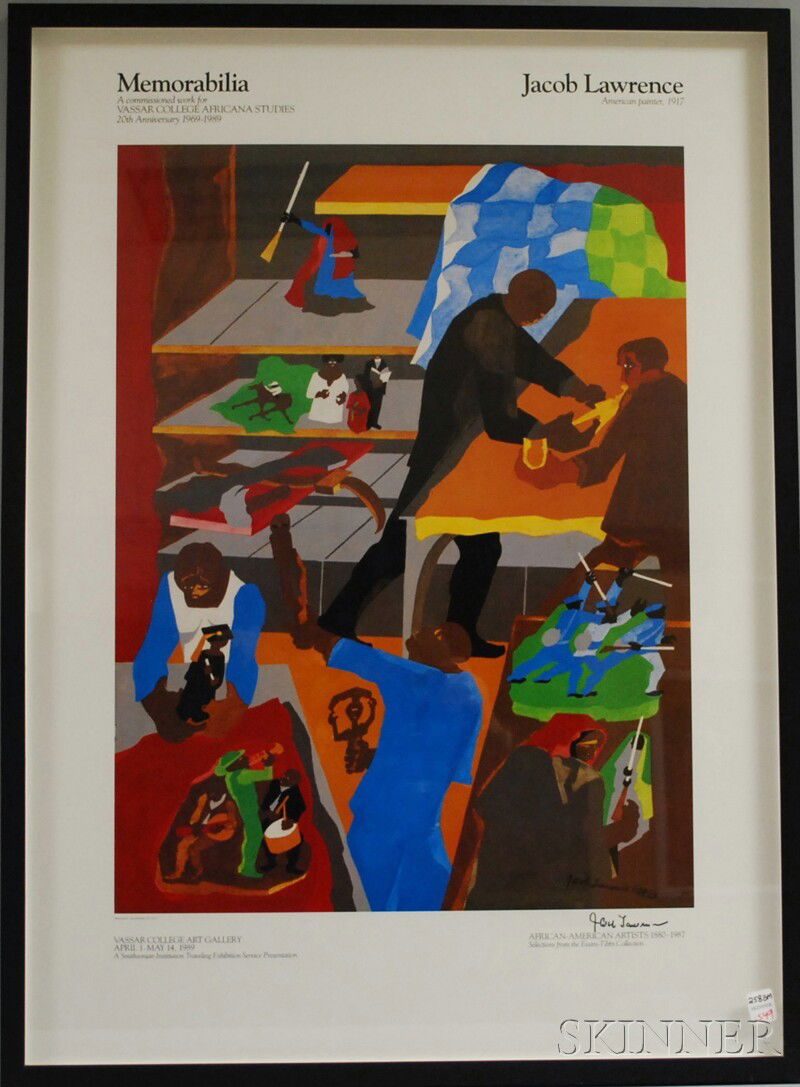 Jacob Lawrence Lithograph Exhibition Poster, Memo: Jacob Lawrence Lithograph Exhibition Poster, Memorabilia; African-American Artists 1880-1987, April 1-May 14, 1981, Vassar College Art Gallery, artist signed l.r., framed, sight size 34 x 24 3/4 in. P