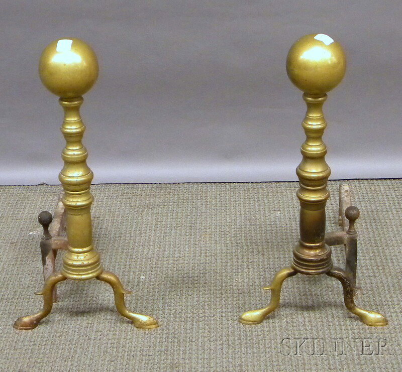 Pair of Brass Ball-top Ring-turned Andirons, ht.: Pair of Brass Ball-top Ring-turned Andirons, ht. 20 3/4 in.