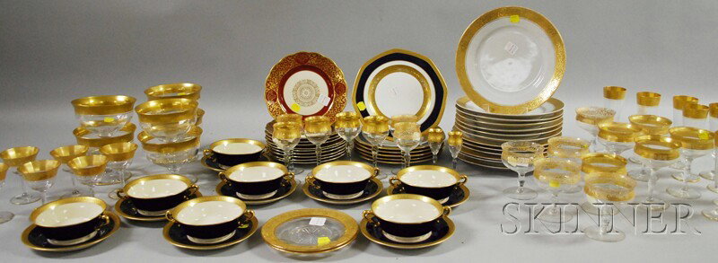 Set of Gilt Glassware and Assembled Gilt Porcelai: Set of Gilt Glassware and Assembled Gilt Porcelain Tableware, including six footed bowls, five champagne/sherbets, five champagne/sherbets, six cocktail, ten flutes, eight wines, a set of thirteen din