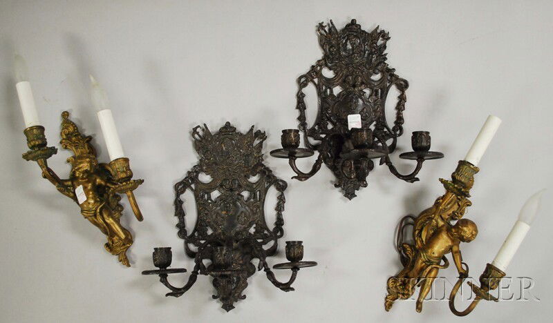 Two Pairs of Decorative Bronze Wall Sconces, a pa: Two Pairs of Decorative Bronze Wall Sconces, a pair of Trouvailles cherub figural two-light sconces, (electrified), and a pair of Maitland-Smith French-style three-light sconces, lg. 11 3/4 and 12 1/2