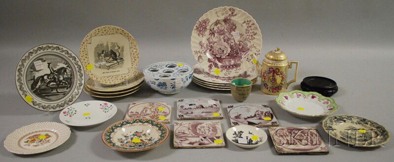 Sixteen Transferware Plates, Five Delft Tiles, a: Sixteen Transferware Plates, Five Delft Tiles, a Mottahedeh Delft Bulb Pot, and a Dresden Porcelain Demitasse Pot, including a set of five Clarice Cliff/Crown Staffordshire Charlotte pattern dinner pl