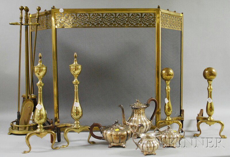Two Pairs of Brass Andirons, Folding Screen, Thre: Two Pairs of Brass Andirons, Folding Screen, Three-piece Fireplace Tool Set; and Four-piece Community Plate Silver-plated Old English Melon Pattern Tea and Coffee Service, screen ht. 30, center wd. 26