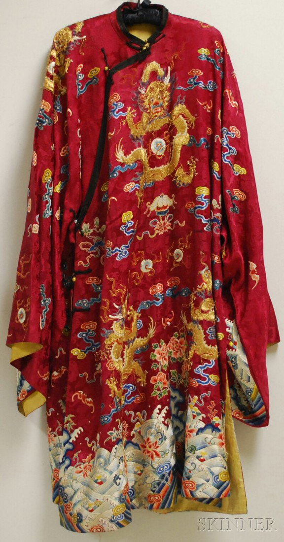 Chinese Dragon and Waves Embroidered Red Silk Rob: Chinese Dragon and Waves Embroidered Red Silk Robe, 19th/20th century, (front closure trim with tears and related fray, all gold metallic embroidery with pulls and loss, some small areas of other embr