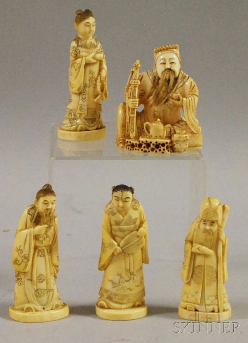 Five Asian Carved Ivory Figures, including a geis: Five Asian Carved Ivory Figures, including a geisha, two scholars, a seated man with sword and teaware, and another female figure, ht. 3 1/8-4 1/2 in.