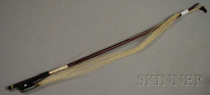 Child's French Violin Bow, Prosper Colas, the rou: Child's French Violin Bow, Prosper Colas, the round stick stamped PC at the butt, the ebony frog with pearl eye, the silver and ebony adjuster, weight 53 grams, (damage).