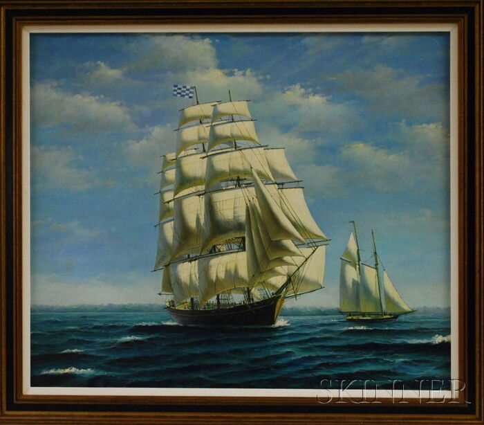 British School, 20th Century View of a Three-mast: British School, 20th Century View of a Three-masted Sailing Ship. Signed or inscribed "Henry Scott" l.r. Signed or inscribed "Henry Scott" l.r. Oil on canvas, 23 1/2 x 27 3/4 in., framed. Condition: L