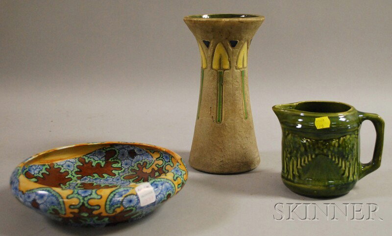 Three Pieces of Art Pottery, a Roseville Mostique: Three Pieces of Art Pottery, a Roseville Mostique vase, a Bursley Ware Benares low bowl, and a green majolica glazed jug, vase ht. 10 in.
