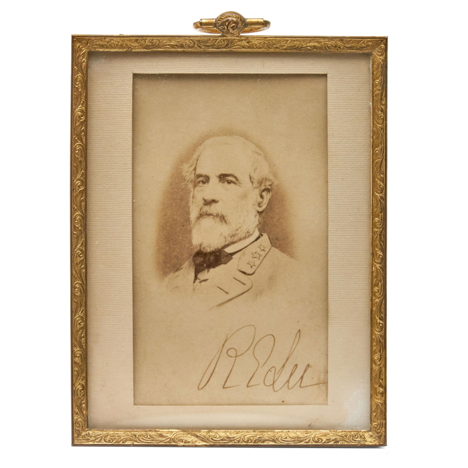 General Robert E. Lee Signed CDV, 1860s.: General Robert E. Lee Signed CDV, 1860s. Lee in profile, signed boldly below in brown ink "RELee" mounted in an early 20th century frame. Ht. 4, wd. 3 in.