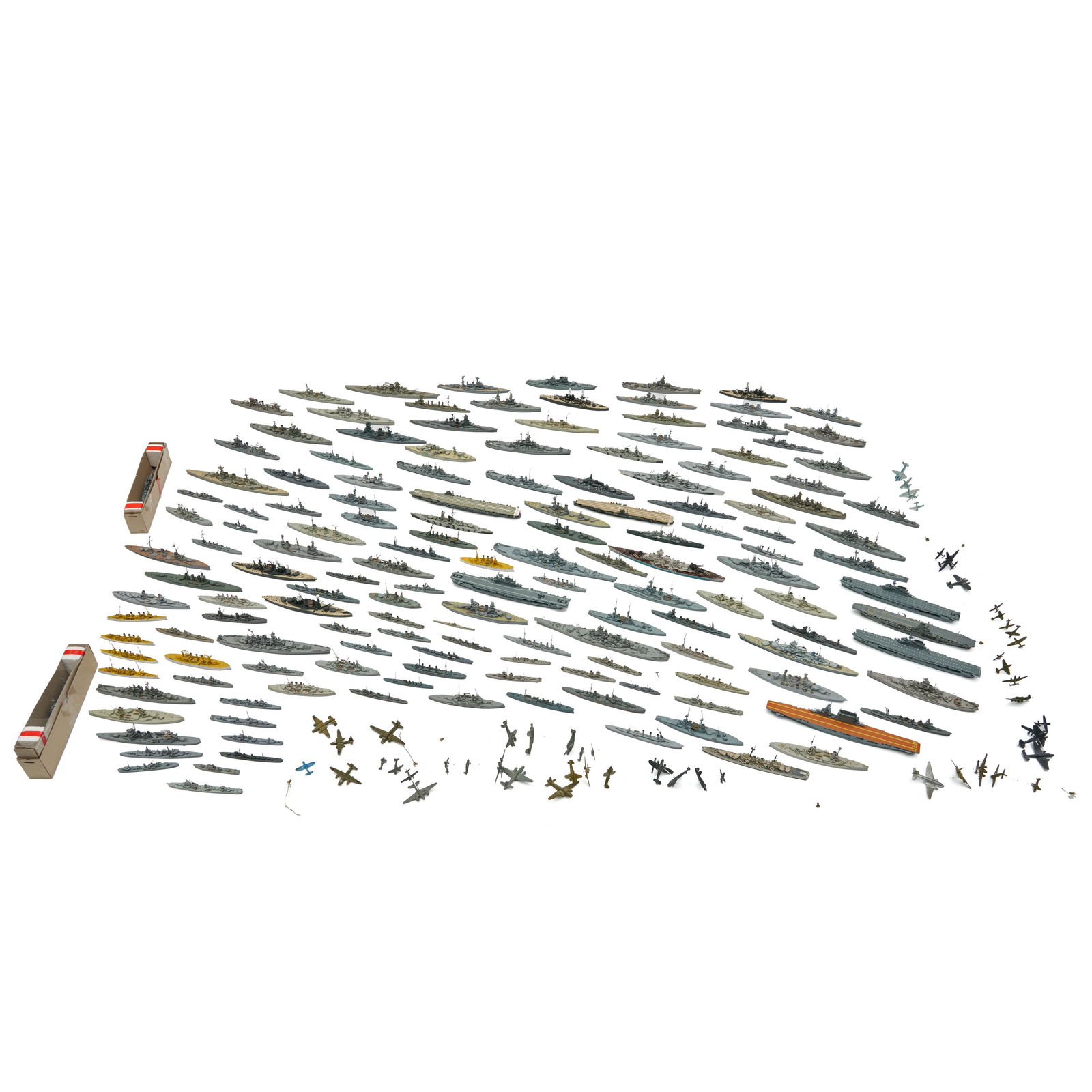 Collection of Several Dozen Metal U.S. Navy Ship Models, late 20th century.: Collection of Several Dozen Metal U.S. Navy Ship Models, late 20th century. Including aircraft carriers, battleships, destroyers, transports, and aircraft.